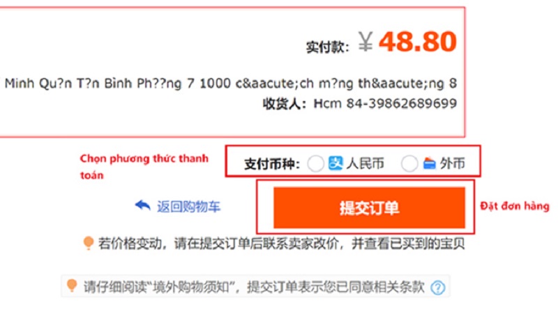 thanh toán đơn mua hàng taobao