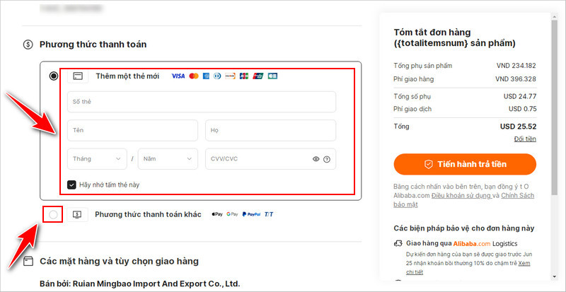 Thanh toán đơn hàng Alibaba