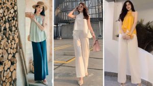 Áo cổ yếm và quần ống rộng thanh lịch