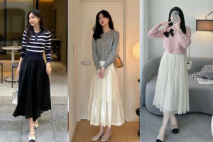 Phối áo len với chân váy midi nhẹ nhàng